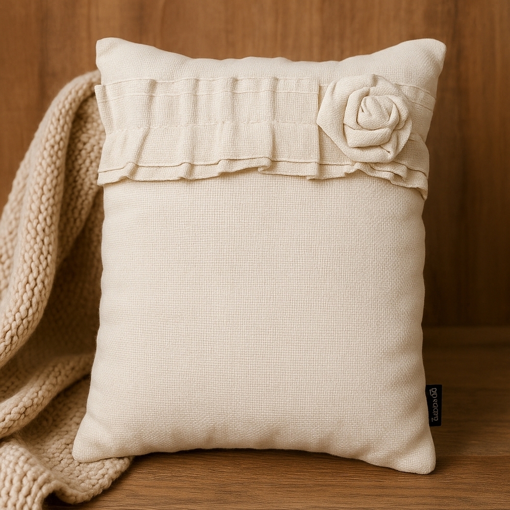 Borgata Linen-Look Ruffle Rosette Accent Pillow ~15" × 11" Neutral Ivory Cottage